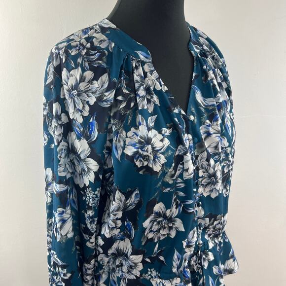 PARKER Blue White Top Floral Puff Sleeve Pleated Drawstring Split Neck Size XS - Picture 6 of 10